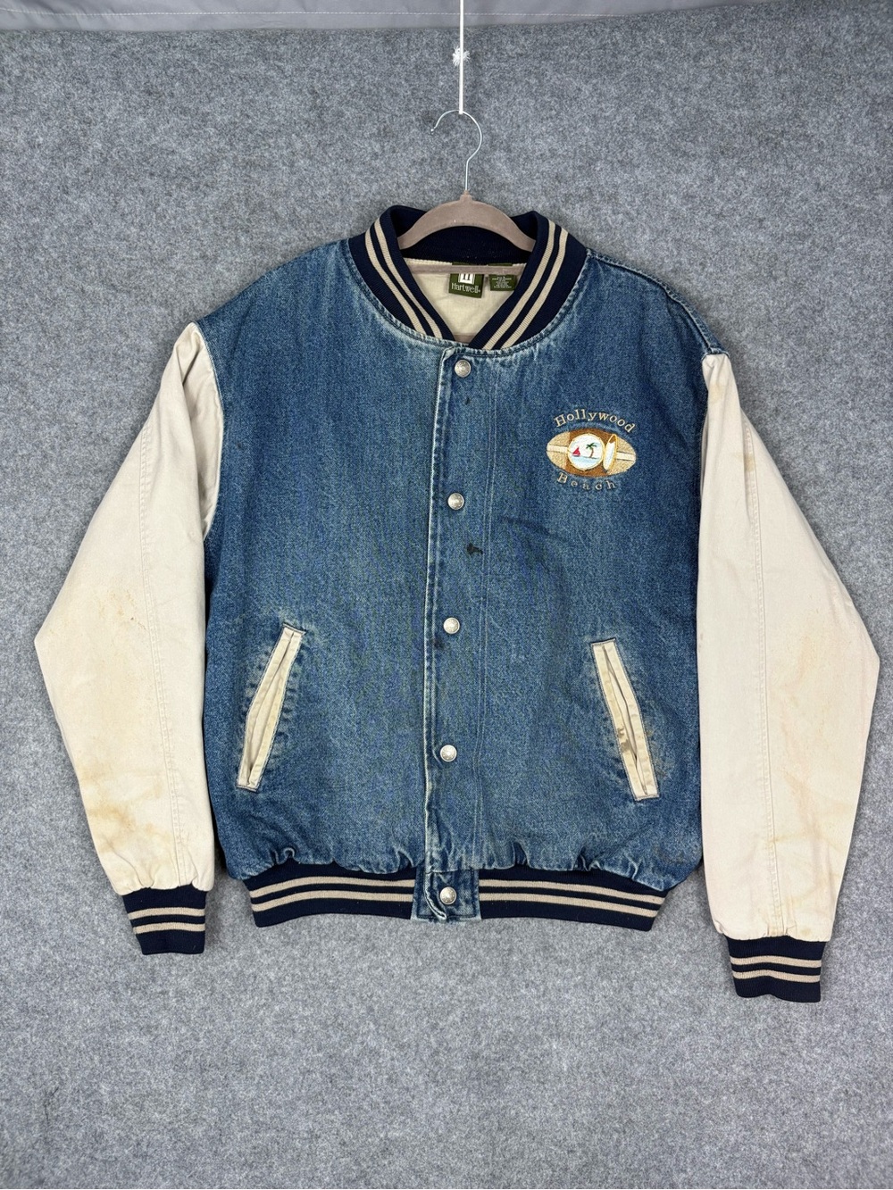 Vintage Hartwell Hollywood Beach Denim Varsity Jacket Lighthouse L